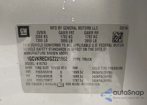 2016 Chevrolet Silverado 1500 2Lt from USA, damaged, VIN 1GCVKRECXGZ221862